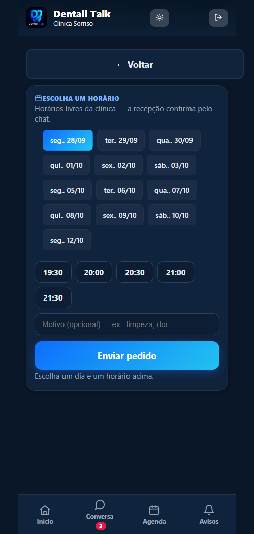 App do paciente Dentall Talk: agendar consulta com horários reais da clínica